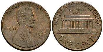 США 1 цент 1984 D, Линкольн KM 201b цинк плакированный медью 4136-237
