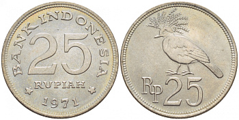 Индонезия 25 рупий 1971 венценосный голубь KM 34 медно-никель UNC 4549-111
