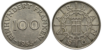 Саарланд 100 франков 1955 индустрия KM 4 медно-никель 186-944