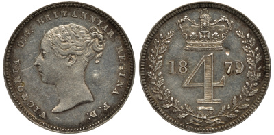Великобритания 4 пенса 1879 Виктория (1837-1901) KM 732, Spink 3917 серебро aUNC 1524-212