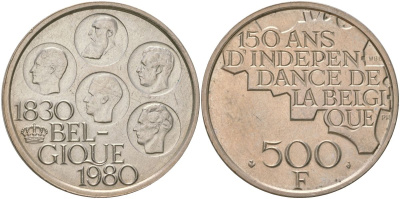 Бельгия 500 франков 1980 150 лет независимости, BELGIQUE, Бодуэн I (1951-1993) KM 161, LA BFM-214, Mor 800, Schoen 130 медно-никель плакированный серебром 4552-815