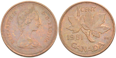 Канада 1 цент 1981 Елизавета II (1952-2022), кленовый лист KM 127 бронза 46-837