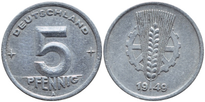 ГДР 5 ПФЕННИГОВ 1949 A КМ 2 алюминий 261-645