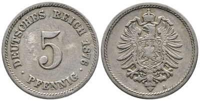 ГЕРМАНИЯ 5 ПФЕННИГОВ 1876 A, СТАРОГЕРБОВКА KM 3, J. 3 медно-никель 39-366
