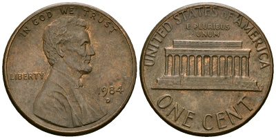 США 1 цент 1984 D, Линкольн KM 201b цинк плакированный медью 4136-237