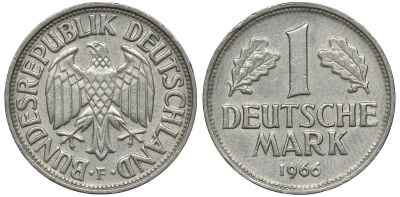 ФРГ 1 МАРКА 1966 F KM 110, J. 385 медно-никель 72-743