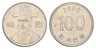 Южная Корея 100 вон 2008 Ли-Сунсин, корейский флотоводец KM 35 медно-никель 4638-1152