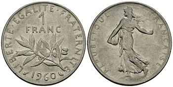 Франция 1 франк 1960 сеятель KM 925 никель 4135-753