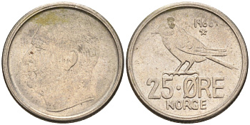 Норвегия 25 эре 1966 Улаф V (1958-1991), синица KM 407 медно-никель 4580-1035