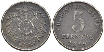 ГЕРМАНИЯ 5 ПФЕННИГОВ 1919 F KM 19, J. 297 железо 4523-255