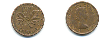 Канада 1 цент 1964 Елизавета II (1952-2022), кленовый лист KM 49 бронза 177-1328