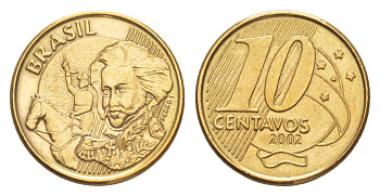 Бразилия 10 сентаво 2002 KM 649.2 сталь плакированная латунью UNC 4644-444