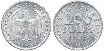 Германия 200 марок 1923 D KM 35, J. 304, Weege 22 алюминий 4604-616