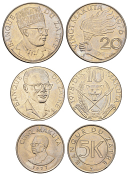 Заир лот из 3 монет 1976-1978 (5, 10 и 20 макута) KM 7, 8, 12 медно-никель UNC 650-1831