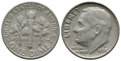 США 10 ЦЕНТОВ = 1 ДАЙМ 1968 D, РУЗВЕЛЬТ KM 195а медь плакированная медно-никелем 37-238