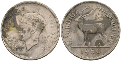 Маврикий 1/2 рупии 1950 Георг VI (1937-1952) KM 28 медно-никель 4586-545