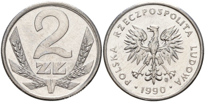 Польша 2 злотых 1990 MW, Демократическая Республика KM 80.3, Parchimowicz 219b алюминий aUNC M56-12