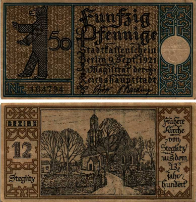 БЕРЛИН, ГЕРМАНИЯ 50 ПФЕННИГОВ 1921 НОТГЕЛЬД, ЗЕМЛЯ ПРУССИЯ, 2 СЕНТЯБРЯ 1921, BEZIRK 12 ARNOLD KELLER 92.1 бумага 7523-33-3-2