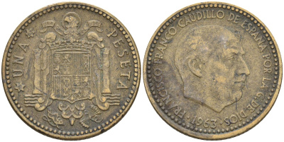 Испания 1 песета 1963 (63) Франсиско Франко (1939-1975) KM 775 алюминиевая бронза 4604-334