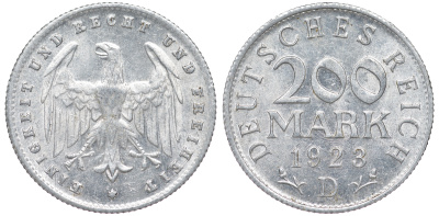 Германия 200 марок 1923 D KM 35, J. 304, Weege 22 алюминий 4604-616