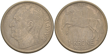 НОРВЕГИЯ 1 КРОНА 1963 ОЛАФ V KM 409 медно-никель 106-315