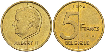 БЕЛЬГИЯ 5 ФРАНКОВ 1994 BELGIQUE, АЛЬБЕРТ II (1993-) KM 189 алюминиевая бронза 4379-243