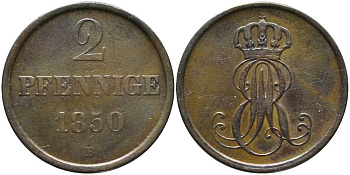 Ганновер 2 пфеннига 1850 В, Эрнст Август (1837-1851) KM 202.1 медь 4448-1045