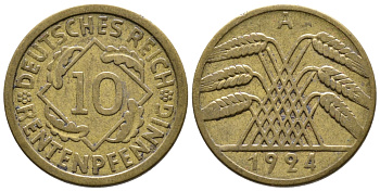 ГЕРМАНИЯ 10 РЕНТЕНПФЕННИГОВ 1924 A KM 33, J. 309, Weege 8 алюминиевая бронза 177-835