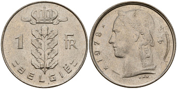 Бельгия 1 франк 1978 Belgie, Бодуэн I (1951-1993) KM 143 медно-никель 4156-636