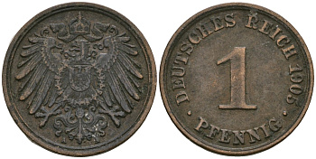 Германия 1 пфенниг 1905 A, Вильгельм II (1888-1918) KM 10, J. 10 медь 3955-1227