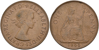 Великобритания 1 пенни 1966 Елизавета II (1952-2022) KM 897, Spink 4157 бронза 4149-824