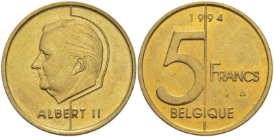 БЕЛЬГИЯ 5 ФРАНКОВ 1994 BELGIQUE, АЛЬБЕРТ II (1993-) KM 189 алюминиевая бронза 4379-243