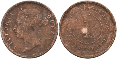 Стрейтс-Сетлментс 1 цент 1891 Виктория (1837-1901), Ост-Индская компания KM 16 бронза 4590-446