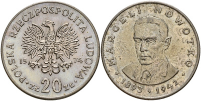 Польша 20 злотых 1974 MW, Марцелий Новотко KM 69, Parchimowicz 246 медно-никель 4157-1024