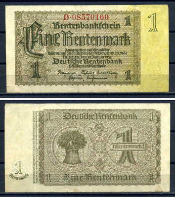 Германия 1 рентенмарка 1937 Pick 173 b бумага 8621-46-2-2