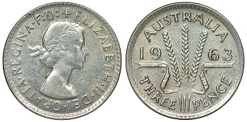 Австралия 3 пенса 1963 m, Елизавета II (1952-2022) KM 57 серебро 71-931