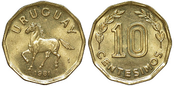 Уругвай 10 сентесимо 1981 KM 66 алюминиевая бронза 4169-511