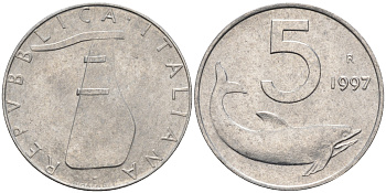 Италия 5 лир 1997 R, дельфин KM 92 алюминий  UNC  4594-666