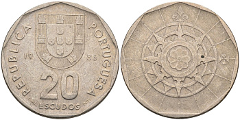 Португалия 20 эскудо 1986 KM 634.1 медно-никель 4571-1242