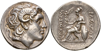 Фракийское Царство тетрадрахма 297 - 281 гг. до н.э. Лисимах, голова Александра Великого с рогами в виде бога Аммона/ЦАРЯ ЛИСИМАХА, Афина на троне, держит Нику, у трона копье и щит, слева звезда, чеканка - г. Лампсак, 17,04 гр, серебро 00-000-00