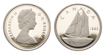 Канада 10 центов 1983 Елизавета II (1952-2022), парусник KM 77 никель PROOF 413-3711