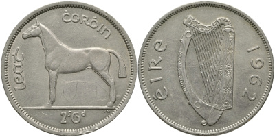 ИРЛАНДИЯ 1/2 КРОНЫ - 2 ШИЛЛИНГА 6 ПЕНСОВ 1962 ЛОШАДЬ KM 16а медно-никель 3457-246