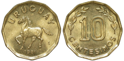 Уругвай 10 сентесимо 1981 KM 66 алюминиевая бронза 4169-511