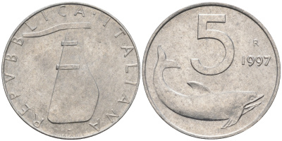 Италия 5 лир 1997 R, дельфин KM 92 алюминий  UNC  4594-666