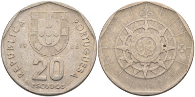 Португалия 20 эскудо 1986 KM 634.1 медно-никель 4571-1242