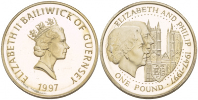 Гернси 1 фунт 1997 Елизавета и Филлип, золотая свадьба KM 70 серебро PROOF 1094-7-44