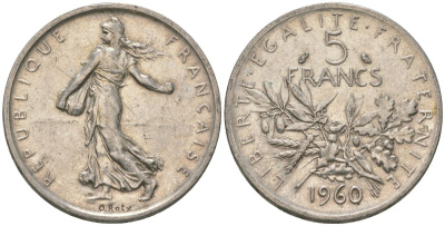 Франция 5 франков 1960 сеятель KM 926, Le Franc 340.4 серебро 4389-142