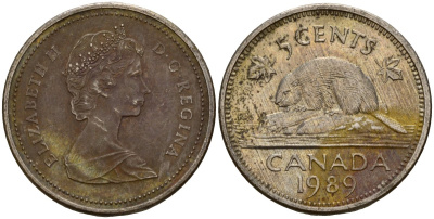 Канада 5 центов 1989 Елизавета II (1952-2022), бобер KM 60.2a медно-никель 4189-916