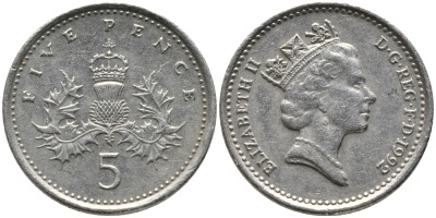 Великобритания 5 пенсов 1992 Елизавета II (1952-2022) KM 937b, Spink 4372 (D4) медно-никель 99-1066