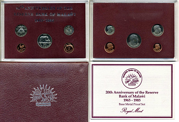 Малави набор из 5 монет 1985 20 лет Банку Малави, официальный набор в пластике, с сертификатом, в коробке KM PS 4 PROOF 14-01-02-01